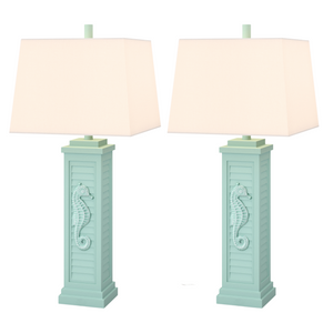 Set of Two 32" Turquoise Seahorse Shutter USB Table Lamps With White Shade