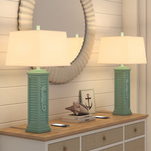 Set of Two 32" Turquoise Seahorse Shutter USB Table Lamps With White Shade