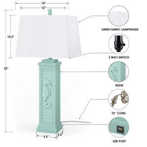 Set of Two 32" Turquoise Seahorse Shutter USB Table Lamps With White Shade