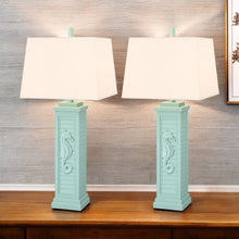 Set of Two 32" Turquoise Seahorse Shutter USB Table Lamps With White Shade