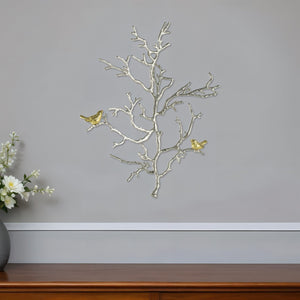 Modern 22" Silver Branch and Golden Birds Wall Art