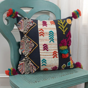 Navy Tribal Motifs Embroidered Throw Pillow