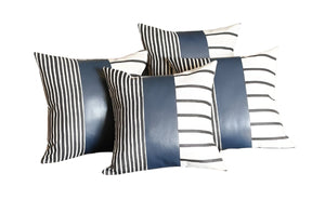 Set of Four 22" Black and White Striped Fabric and Faux Leather Throw Pillow Covers