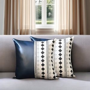 Set of Two 17" Navy Blue Diamond Fabric and Faux Leather Throw Pillows