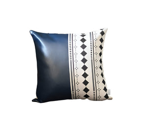 Set of Two 17" Navy Blue Diamond Fabric and Faux Leather Throw Pillows