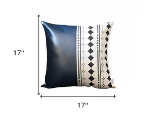 Set of Two 17" Navy Blue Diamond Fabric and Faux Leather Throw Pillows