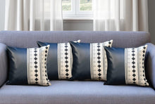 Set of Four 17" Navy Blue Diamond Fabric and Faux Leather Throw Pillows