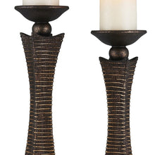 Set of Two Bronze Polyresin Woven Tabletop Pillar Candle Holders With Candle