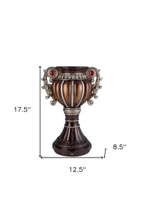 18" Bronze and Silver Floral Urn Polyresin Table Vase With Stones