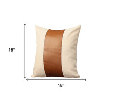 Set of Two 18" Ivory and Brown Color Block Fabric and Faux Leather Throw Pillows