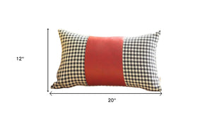 Set of Two 12" X 20" Red Black and White Houndstooth Fabric and Faux Leather Lumbar Throw Pillows