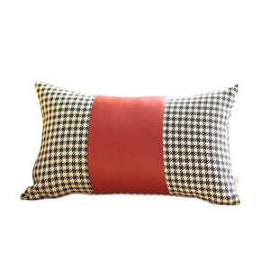 Set of Two 12" X 20" Red Black and White Houndstooth Fabric and Faux Leather Lumbar Throw Pillows