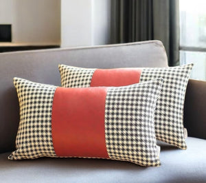 Set of Two 12" X 20" Red Black and White Houndstooth Fabric and Faux Leather Lumbar Throw Pillows