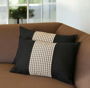 Set of Two 12" X 20" Black Brown and White Houndstooth Fabric Lumbar Throw Pillows