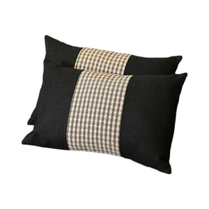 Set of Two 12" X 20" Black Brown and White Houndstooth Fabric Lumbar Throw Pillows