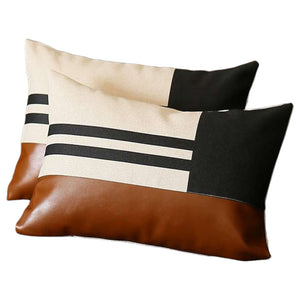 Set of Two 12" X 20" Brown Black and Ivory Striped Fabric and Faux Leather Lumbar Throw Pillows