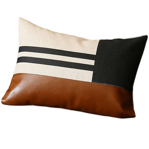 Set of Two 12" X 20" Brown Black and Ivory Striped Fabric and Faux Leather Lumbar Throw Pillows