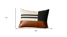 Set of Two 12" X 20" Brown Black and Ivory Striped Fabric and Faux Leather Lumbar Throw Pillows