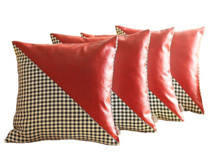 Set of Four 18" Red Black and White Houndstooth Fabric and Faux Leather Throw Pillows