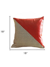 Set of Four 18" Red Black and White Houndstooth Fabric and Faux Leather Throw Pillows