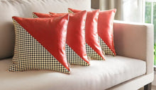 Set of Four 18" Red Black and White Houndstooth Fabric and Faux Leather Throw Pillows