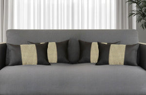 Set of Four 12" X 20" Black and Yellow Houndstooth Fabric Lumbar Throw Pillows