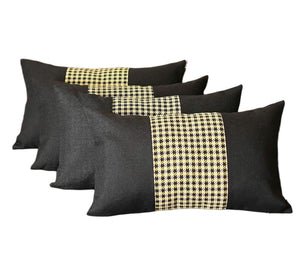 Set of Four 12" X 20" Black and Yellow Houndstooth Fabric Lumbar Throw Pillows