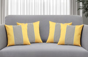 Set of Four 18" Yellow Black and White Houndstooth Fabric Throw Pillows