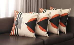 Set of Four 18" Ivory Red and Black Geometric Fabric Throw Pillows