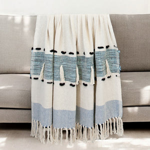 50" X 60" Blue and Ivory Woven Cotton Striped Throw Blanket with Tassels