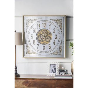 32" Square Gold and Silver Wood and Mirror Analog Exposed Gear Wall Clock