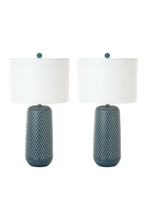 Set of Two 30" Blue Ceramic Geometric Table Lamp With White Drum Shade