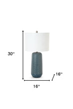 Set of Two 30" Blue Ceramic Geometric Table Lamp With White Drum Shade