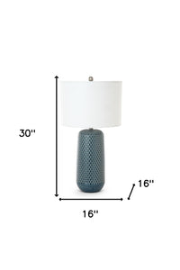 Set of Two 30" Blue Ceramic Geometric Table Lamp With White Drum Shade