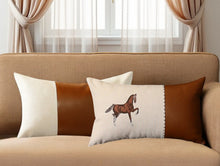 Set of Two Beige and Brown Horse Color Block Fabric and Faux Leather Lumbar Throw Pillows with Embroidery