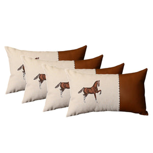 Set of Four 12" X 20" Beige and Brown Horse Color Block Fabric and Faux Leather Lumbar Throw Pillows with Embroidery