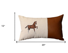 Set of Four 12" X 20" Beige and Brown Horse Color Block Fabric and Faux Leather Lumbar Throw Pillows with Embroidery