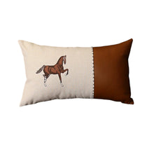 Set of Four 12" X 20" Beige and Brown Horse Color Block Fabric and Faux Leather Lumbar Throw Pillows with Embroidery