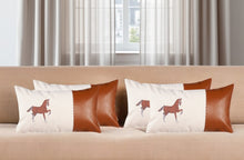 Set of Four 12" X 20" Beige and Brown Horse Color Block Fabric and Faux Leather Lumbar Throw Pillows with Embroidery