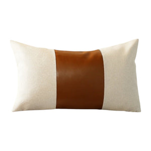 Set of Four Beige and Brown Horse Color Block Fabric and Faux Leather Lumbar Throw Pillows with Embroidery