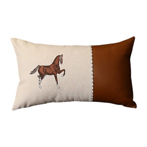 Set of Four Beige and Brown Horse Color Block Fabric and Faux Leather Lumbar Throw Pillows with Embroidery