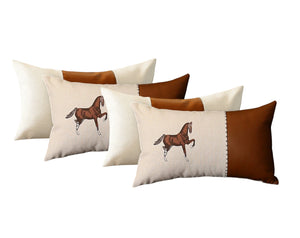 Set of Four Beige and Brown Horse Color Block Fabric and Faux Leather Lumbar Throw Pillows with Embroidery