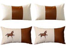 Set of Four Beige and Brown Horse Color Block Fabric and Faux Leather Lumbar Throw Pillows with Embroidery