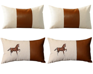 Set of Four Beige and Brown Horse Color Block Fabric and Faux Leather Lumbar Throw Pillows with Embroidery