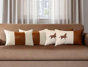 Set of Four Beige and Brown Horse Color Block Fabric and Faux Leather Lumbar Throw Pillows with Embroidery