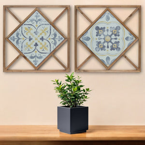 Set of Two 14" X 0" White Blue and Brown Floral Wood and Metal Framed Art