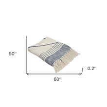 60" X 50" Blue and Off White Woven Cotton Striped Throw Blanket with Fringe