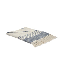 60" X 50" Blue and Off White Woven Cotton Striped Throw Blanket with Fringe