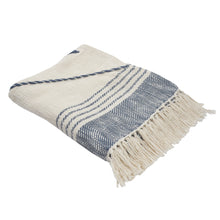 60" X 50" Blue and Off White Woven Cotton Striped Throw Blanket with Fringe