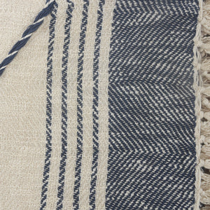 60" X 50" Blue and Off White Woven Cotton Striped Throw Blanket with Fringe